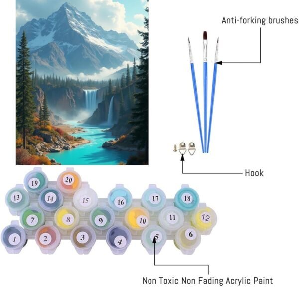 Paint by Numbers Kit for Adults Mountains Waterfall Adult Paint by Number Kits on Canvas for Beginners Oil Painting Set Craft Supplies with 3 Paintbrushes and Acrylic Paint 16x20 Inch