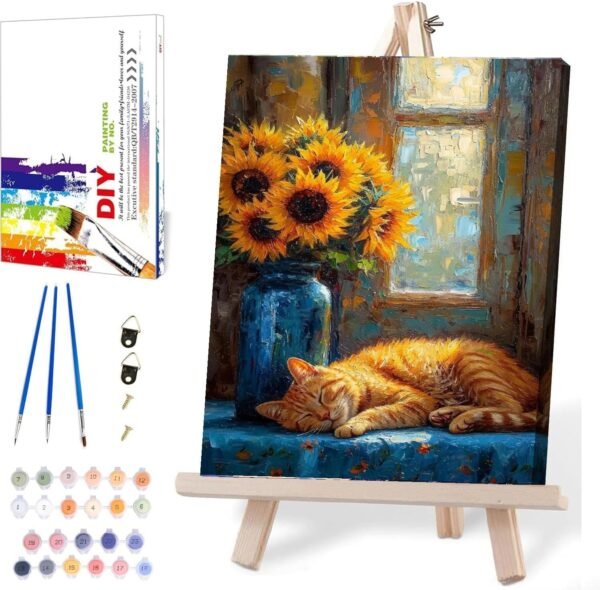 Framed Paint by Numbers Kit for Adults Beginner Sunflower Cat Adult Paint by Number Kits on Canvas with Easel Watercolor Paint by Numbers for Home Decor Gift 12?W x 16L